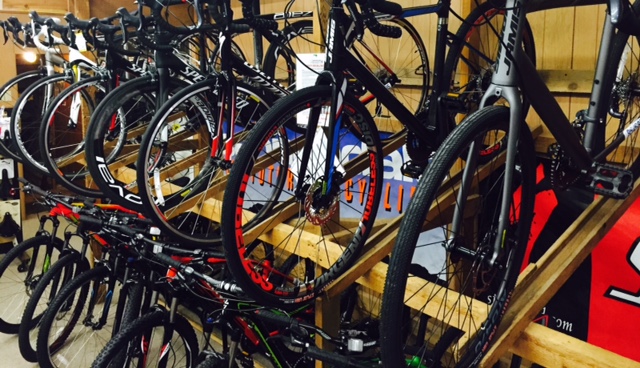 Bikes on racks in shop