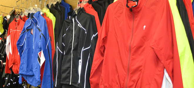 assortment of cycling clothing on display in store