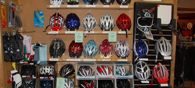 Bike helmets on display in store